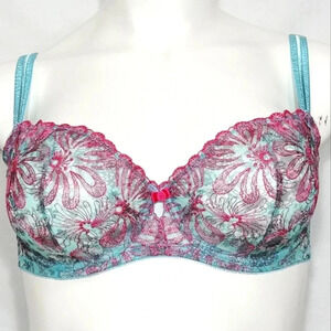 40D Paramour 115009 Ellie Demi Unlined Sheer Lace Bra‎ Blue Botanical NWT